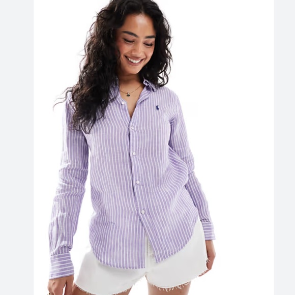 RALPH LAUREN WOMENS BUTTON DOWN LONG SLEEVE SHIRT STRIPE PURPLE WHITE SZ MEDIUM - Picture 1 of 5